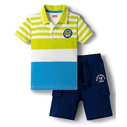Babyhug Single Jersey Knit Polo T-Shirt & Shorts Set with Stripes - Navy Blue & Limegreen