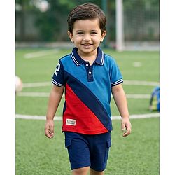 Babyhug Single Jersey Knit Half Sleeves T-Shirt & Shorts Set with Sport Theme Print - Navy Blue & Blue