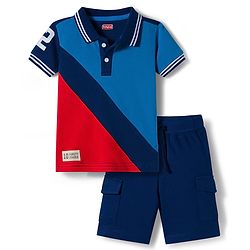 Babyhug Single Jersey Knit Half Sleeves T-Shirt & Shorts Set with Sport Theme Print - Navy Blue & Blue