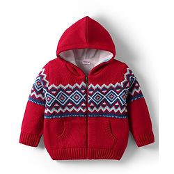 Babyhug Knitted Full Sleeves Front Open Hooded Sweater With Geometric Design - Red