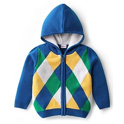 Babyhug Knit Full Sleeves Hooded Front Open Sweater With Checks Design - Blue