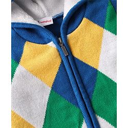 Babyhug Knit Full Sleeves Hooded Front Open Sweater With Checks Design - Blue