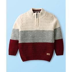Babyhug Knit Full Sleeves High Neck Henley Style Striped Pullover Sweater With Cable Knit Design  - White
