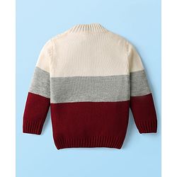 Babyhug Knit Full Sleeves High Neck Henley Style Striped Pullover Sweater With Cable Knit Design  - White