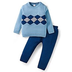 Babyhug Knit Full Sleeves Pullover Sweater Set with Geometry Design - Light Blue & Navy Blue