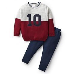 Babyhug Knitted Full Sleeves Pullover Sweater Set with Color Block Design - Grey Red & Navy Blue