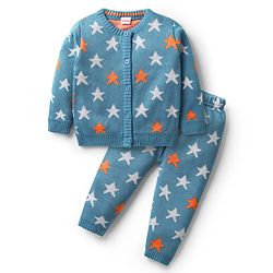 Babyhug Knitted Full Sleeves Front Open Sweater Set with Star Design - Blue