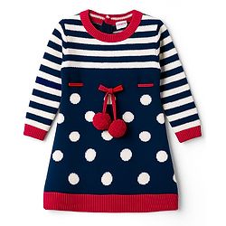 Babyhug Knit Full Sleeves Striped Woollen Dress with Pom Pom Detailing - Navy Blue & Red