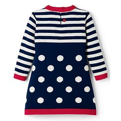 Babyhug Knit Full Sleeves Striped Woollen Dress with Pom Pom Detailing - Navy Blue & Red