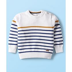 Babyhug Cotton Knitted Full Sleeves Pullover Striped Sweater - White & Blue