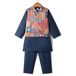 Babyhug Woven Full Sleeves Kurta Pajama Set With Printed Jacket - Teal Blue