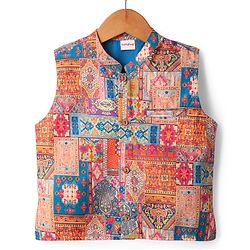Babyhug Woven Full Sleeves Kurta Pajama Set With Printed Jacket - Teal Blue