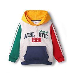 Babyhug Cotton Knit Full Sleeves Heavy Gauge Quilted Fabric Hooded Sweatshirt With Text Embroidery & Kangaroo Pockets - Multicolor