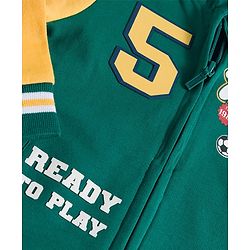 Babyhug Cotton Knit Full Sleeves Front Open Hooded Sweatshirts with Kangaroo Pockets & Athletic Tigers Text Print - Dark Green