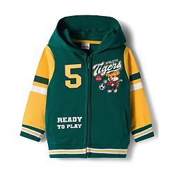 Babyhug Cotton Knit Full Sleeves Front Open Hooded Sweatshirts with Kangaroo Pockets & Athletic Tigers Text Print - Dark Green