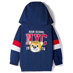 Babyhug Cotton Knit Full Sleeves Hooded Sweatjacket With Front & Back Lion Graphics & Kangaroo Pockets - Navy Blue