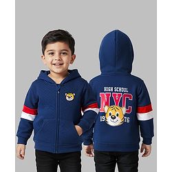 Babyhug Cotton Knit Full Sleeves Hooded Sweatjacket With Front & Back Lion Graphics & Kangaroo Pockets - Navy Blue