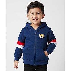 Babyhug Cotton Knit Full Sleeves Hooded Sweatjacket With Front & Back Lion Graphics & Kangaroo Pockets - Navy Blue