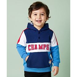 Babyhug Cotton Knit Full Sleeves Cut & Sew Pullover Hooded Sweatshirt with Text Graphic & Kangaroo Pocket - Multicolor