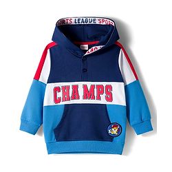 Babyhug Cotton Knit Full Sleeves Cut & Sew Pullover Hooded Sweatshirt with Text Graphic & Kangaroo Pocket - Multicolor
