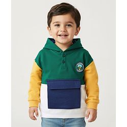Babyhug Cotton Knit Full Drop Shoulder Sleeves Hooded Sweatshirt with Cut & Sew Design & Camper Graphics - Green Yellow & Navy Blue