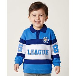 Babyhug Cotton Knit Full Sleeves Collared Sweatshirt with Sport Theme Print - Blue & White