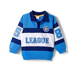 Babyhug Cotton Knit Full Sleeves Collared Sweatshirt with Sport Theme Print - Blue & White