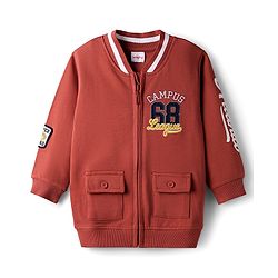 Babyhug Cotton Knit Full Sleeves Front Open Sweatjacket With Sports Theme Graphics - Red