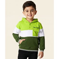 Babyhug Cotton Knit Full Sleeves Heavy Gauge Quilted Fabric Hooded Sweatshirt With New York Print & Kangaroo Pockets - Green