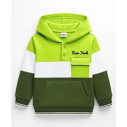 Babyhug Cotton Knit Full Sleeves Heavy Gauge Quilted Fabric Hooded Sweatshirt With New York Print & Kangaroo Pockets - Green