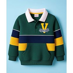 Babyhug Cotton Knit Full Sleeves Sweatshirt With Text Embroidery & Kangaroo Pockets - Dark Green