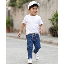 Babyhug Cotton Denim Full Length Washed Jeans With Stretch - Dark Blue