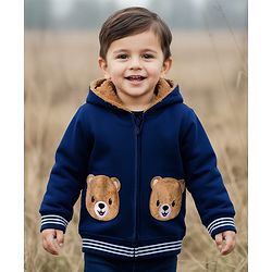 Babyhug Cotton Knit Full Sleeves Hooded SweatJacket with Bear Patch Detailing - Navy Blue