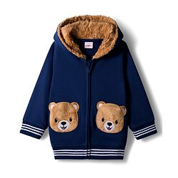 Babyhug Cotton Knit Full Sleeves Hooded SweatJacket with Bear Patch Detailing - Navy Blue