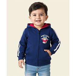 Babyhug Cotton Knit Full Sleeves Hooded Sweatjacket With Tiger Print & Kangaroo Pockets - Navy Blue