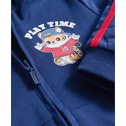 Babyhug Cotton Knit Full Sleeves Hooded Sweatjacket With Tiger Print & Kangaroo Pockets - Navy Blue