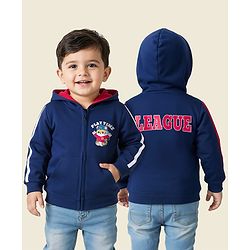Babyhug Cotton Knit Full Sleeves Hooded Sweatjacket With Tiger Print & Kangaroo Pockets - Navy Blue