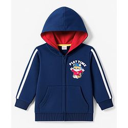 Babyhug Cotton Knit Full Sleeves Hooded Sweatjacket With Tiger Print & Kangaroo Pockets - Navy Blue