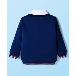 Babyhug Cotton Knit Full Sleeves Heavy Gauge Quilted Fabric Overlapped Sweatshirt With Varsity Patch & Kangaroo  Pockets - Navy Blue