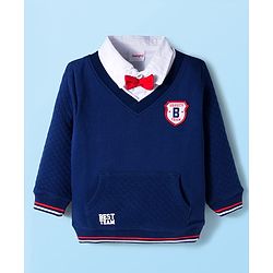Babyhug Cotton Knit Full Sleeves Heavy Gauge Quilted Fabric Overlapped Sweatshirt With Varsity Patch & Kangaroo  Pockets - Navy Blue