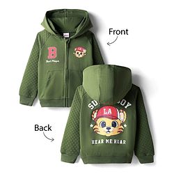Babyhug Cotton Knit Full Raglan Sleeves Hooded Sweatjacket With Tiger Print & Kangaroo Pockets - Green