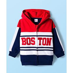 Babyhug Cotton Knit Full Sleeves Hooded Sweatjacket With Boston Embroidery - Multicolor