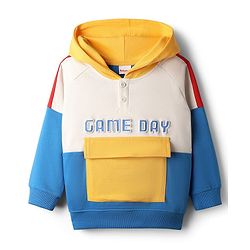 Babyhug Cotton Knit Full Raglan Sleeves Hooded Sweatshirt with Henley Neck Cut & Sew Design & Game Boy Graphics - White Blue & Yellow