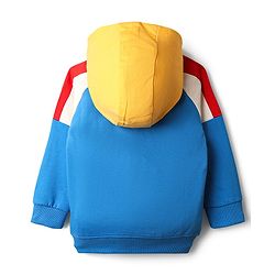 Babyhug Cotton Knit Full Raglan Sleeves Hooded Sweatshirt with Henley Neck Cut & Sew Design & Game Boy Graphics - White Blue & Yellow