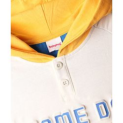 Babyhug Cotton Knit Full Raglan Sleeves Hooded Sweatshirt with Henley Neck Cut & Sew Design & Game Boy Graphics - White Blue & Yellow