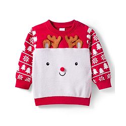 Babyhug Cotton Knit Full Sleeves Sweatshirt With Reindeer Print & Applique - Red & White