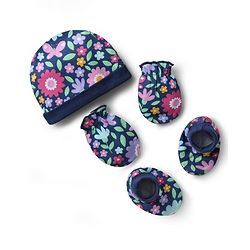 Babyhug 100% Cotton Floral Printed Cap Mittens & Booties Set Navy Blue - Diameter 14 cm