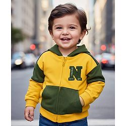 Babyhug Cotton Knit Full Sleeves Hooded SweatJacket with Cut & Sew Design & Kangaroo Pocket - Yellow & Green