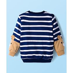 Babyhug Cotton Knit Full Sleeves Striped Sweatshirt With Teddy Bear Print & Applique - Navy Blue & White