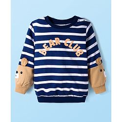 Babyhug Cotton Knit Full Sleeves Striped Sweatshirt With Teddy Bear Print & Applique - Navy Blue & White